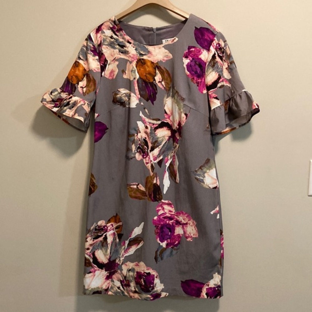 Trina Turk Gray Floral Shift Dress with Purple & Brown Accents